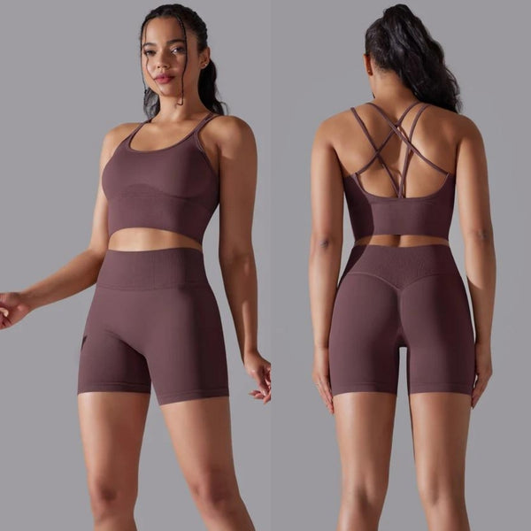 Conjunto de Roupas Fitness Feminino Top e Bermuda de Alta Compressão